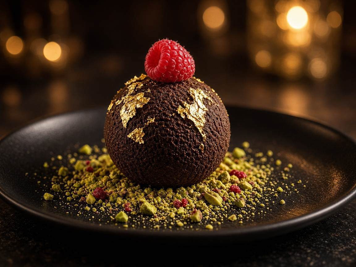 Dark cacao leaf dessert with gold leaf