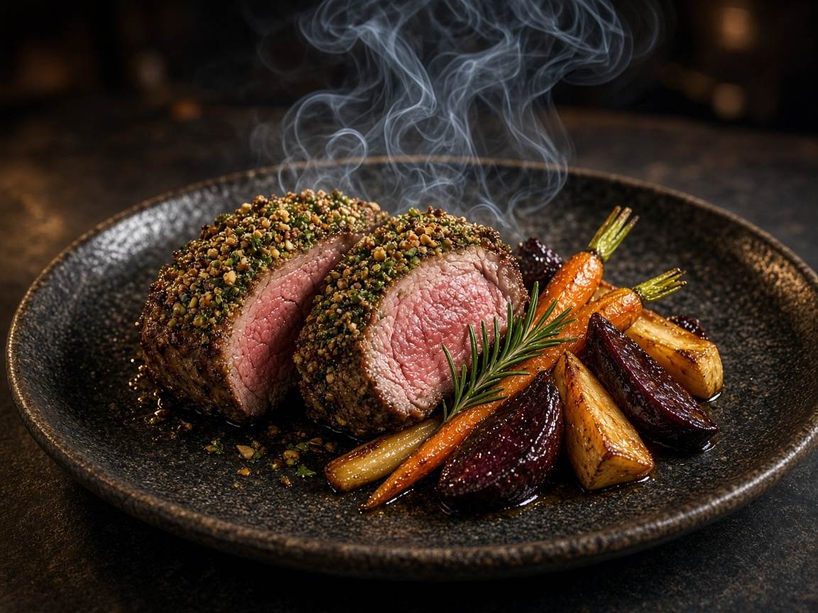 Herb-crusted lamb with glazed roots